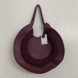 New Grace Roberts Vegan Circle Purse 14" Purple Macramé Detail Shoulder Bag